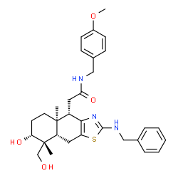 ChemSpider 2D Image | 2-[(4S,4aR,7R,8R,8aS)-2-(Benzylamino)-7-hydroxy-8-(hydroxymethyl)-4a,8-dimethyl-4,4a,5,6,7,8,8a,9-octahydronaphtho[2,3-d][1,3]thiazol-4-yl]-N-(4-methoxybenzyl)acetamide | C31H39N3O4S