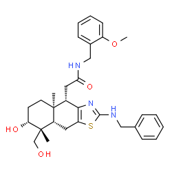 ChemSpider 2D Image | 2-[(4S,4aR,7R,8R,8aS)-2-(Benzylamino)-7-hydroxy-8-(hydroxymethyl)-4a,8-dimethyl-4,4a,5,6,7,8,8a,9-octahydronaphtho[2,3-d][1,3]thiazol-4-yl]-N-(2-methoxybenzyl)acetamide | C31H39N3O4S