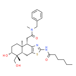 ChemSpider 2D Image | N-[(4S,4aR,7R,8R,8aS)-4-{2-[Benzyl(methyl)amino]-2-oxoethyl}-7-hydroxy-8-(hydroxymethyl)-4a,8-dimethyl-4,4a,5,6,7,8,8a,9-octahydronaphtho[2,3-d][1,3]thiazol-2-yl]hexanamide | C30H43N3O4S