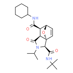 ChemSpider 2D Image | (1S,2S,5S,6R,7S)-N~6~-Cyclohexyl-3-isopropyl-N~2~-(2-methyl-2-propanyl)-4-oxo-10-oxa-3-azatricyclo[5.2.1.0~1,5~]dec-8-ene-2,6-dicarboxamide | C23H35N3O4