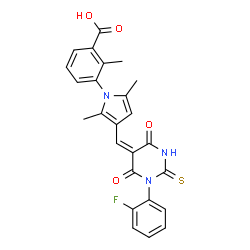ChemSpider 2D Image | 3-{3-[(1-(2-fluorophenyl)-4,6-dioxo-2-thioxotetrahydro-5(2H)-pyrimidinylidene)methyl]-2,5-dimethyl-1H-pyrrol-1-yl}-2-methylbenzoic acid | C25H20FN3O4S