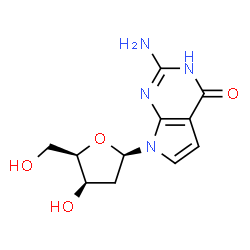 ChemSpider 2D Image | 2-Amino-7-(2-deoxy-beta-D-threo-pentofuranosyl)-1,7-dihydro-4H-pyrrolo[2,3-d]pyrimidin-4-one | C11H14N4O4