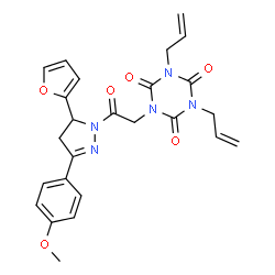 ChemSpider 2D Image | 1,3-Diallyl-5-{2-[5-(2-furyl)-3-(4-methoxyphenyl)-4,5-dihydro-1H-pyrazol-1-yl]-2-oxoethyl}-1,3,5-triazinane-2,4,6-trione | C25H25N5O6