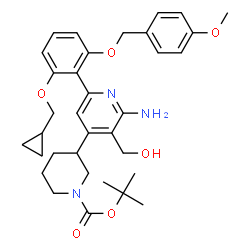 ChemSpider 2D Image | tert-Butyl 3-(2-amino-6-(2-(cyclopropylmethoxy)-6-(4-methoxybenzyloxy)phenyl)-3-(hydroxymethyl)pyridin-4-yl)piperidine-1-carboxylate | C34H43N3O6