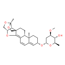 ChemSpider 2D Image | (2aS,4aS,9S,11aR,11bR,13aS,13bR)-2a,11a-Dimethyl-2a,4,4a,10,11,11a,11b,12,13,13b-decahydro-9H-2,3,5-trioxacyclopenta[3,4]pentaleno[1,6a-a]phenanthren-9-yl 2,6-dideoxy-3-O-methyl-alpha-D-arabino-hexopy
ranoside | C28H38O7