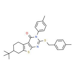 ChemSpider 2D Image | 7-tert-Butyl-2-[(4-methylbenzyl)sulfanyl]-3-(4-methylphenyl)-5,6,7,8-tetrahydro[1]benzothieno[2,3-d]pyrimidin-4(3H)-one | C29H32N2OS2