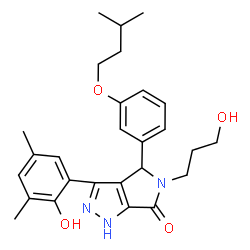ChemSpider 2D Image | 3-(2-Hydroxy-3,5-dimethylphenyl)-5-(3-hydroxypropyl)-4-[3-(3-methylbutoxy)phenyl]-4,5-dihydropyrrolo[3,4-c]pyrazol-6(1H)-one | C27H33N3O4