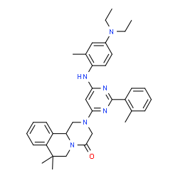 ChemSpider 2D Image | 2-[6-{[4-(Diethylamino)-2-methylphenyl]amino}-2-(2-methylphenyl)-4-pyrimidinyl]-7,7-dimethyl-1,2,3,6,7,11b-hexahydro-4H-pyrazino[2,1-a]isoquinolin-4-one | C36H42N6O
