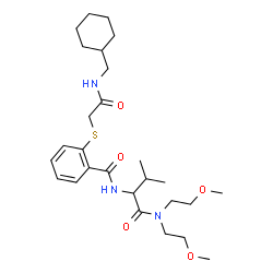ChemSpider 2D Image | N-{1-[Bis(2-methoxyethyl)amino]-3-methyl-1-oxo-2-butanyl}-2-({2-[(cyclohexylmethyl)amino]-2-oxoethyl}sulfanyl)benzamide | C27H43N3O5S