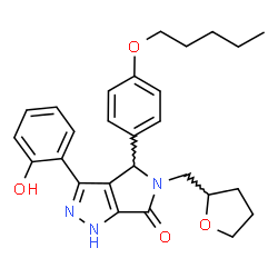 ChemSpider 2D Image | 3-(2-Hydroxyphenyl)-4-[4-(pentyloxy)phenyl]-5-(tetrahydro-2-furanylmethyl)-4,5-dihydropyrrolo[3,4-c]pyrazol-6(1H)-one | C27H31N3O4