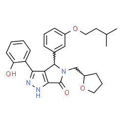ChemSpider 2D Image | 3-(2-Hydroxyphenyl)-4-[3-(3-methylbutoxy)phenyl]-5-(tetrahydro-2-furanylmethyl)-4,5-dihydropyrrolo[3,4-c]pyrazol-6(1H)-one | C27H31N3O4