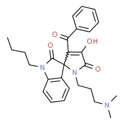 ChemSpider 2D Image | 3'-Benzoyl-1-butyl-1'-[3-(dimethylamino)propyl]-4'-hydroxyspiro[indole-3,2'-pyrrole]-2,5'(1H,1'H)-dione | C27H31N3O4