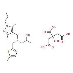 ChemSpider 2D Image | 1-{[(3,5-Dimethyl-1-propyl-1H-pyrazol-4-yl)methyl][(5-methyl-2-thienyl)methyl]amino}-2-propanol 2-hydroxy-1,2,3-propanetricarboxylate (1:1) | C24H37N3O8S