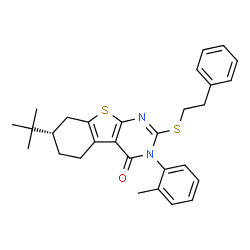 ChemSpider 2D Image | (7S)-3-(2-Methylphenyl)-7-(2-methyl-2-propanyl)-2-[(2-phenylethyl)sulfanyl]-5,6,7,8-tetrahydro[1]benzothieno[2,3-d]pyrimidin-4(3H)-one | C29H32N2OS2
