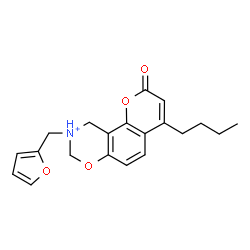 ChemSpider 2D Image | 4-Butyl-9-(2-furylmethyl)-2-oxo-9,10-dihydro-2H,8H-chromeno[8,7-e][1,3]oxazin-9-ium | C20H22NO4