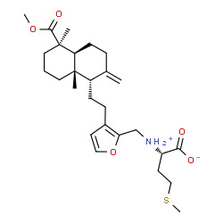 ChemSpider 2D Image | (2S)-2-{[(3-{2-[(1S,4aS,5R,8aS)-5-(Methoxycarbonyl)-5,8a-dimethyl-2-methylenedecahydro-1-naphthalenyl]ethyl}-2-furyl)methyl]ammonio}-4-(methylsulfanyl)butanoate | C27H41NO5S