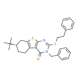 ChemSpider 2D Image | (7S)-3-Benzyl-7-(2-methyl-2-propanyl)-2-[(2-phenylethyl)sulfanyl]-5,6,7,8-tetrahydro[1]benzothieno[2,3-d]pyrimidin-4(3H)-one | C29H32N2OS2