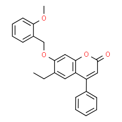 ChemSpider 2D Image | 6-Ethyl-7-[(2-methoxybenzyl)oxy]-4-phenyl-2H-chromen-2-one | C25H22O4
