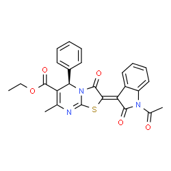 ChemSpider 2D Image | Ethyl (2Z,5R)-2-(1-acetyl-2-oxo-1,2-dihydro-3H-indol-3-ylidene)-7-methyl-3-oxo-5-phenyl-2,3-dihydro-5H-[1,3]thiazolo[3,2-a]pyrimidine-6-carboxylate | C26H21N3O5S