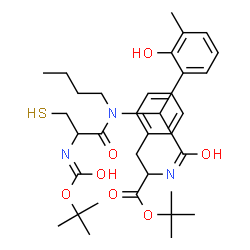 ChemSpider 2D Image | 2-Methyl-2-propanyl N-{[butyl(N-{[(2-methyl-2-propanyl)oxy]carbonyl}cysteinyl)amino](2-hydroxy-3-methylphenyl)acetyl}phenylalaninate | C34H49N3O7S