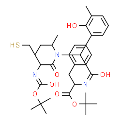 ChemSpider 2D Image | 2-Methyl-2-propanyl N-{[sec-butyl(N-{[(2-methyl-2-propanyl)oxy]carbonyl}cysteinyl)amino](2-hydroxy-3-methylphenyl)acetyl}phenylalaninate | C34H49N3O7S