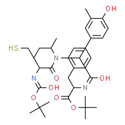 ChemSpider 2D Image | 2-Methyl-2-propanyl N-{[sec-butyl(N-{[(2-methyl-2-propanyl)oxy]carbonyl}cysteinyl)amino](4-hydroxy-3-methylphenyl)acetyl}phenylalaninate | C34H49N3O7S