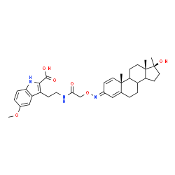 ChemSpider 2D Image | 3-(2-{[({(E)-[(3E,8xi,9xi,14xi,17beta)-17-Hydroxy-17-methylandrosta-1,4-dien-3-ylidene]amino}oxy)acetyl]amino}ethyl)-5-methoxy-1H-indole-2-carboxylic acid | C34H43N3O6