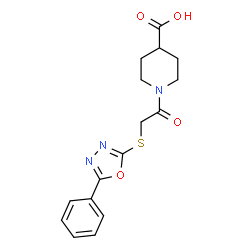 ChemSpider 2D Image | 1-{[(5-Phenyl-1,3,4-oxadiazol-2-yl)sulfanyl]acetyl}-4-piperidinecarboxylic acid | C16H17N3O4S