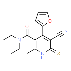 ChemSpider 2D Image | 5-cyano-N,N-diethyl-4-(2-furyl)-6-mercapto-2-methylnicotinamide | C16H17N3O2S