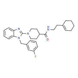 ChemSpider 2D Image | N-[2-(1-Cyclohexen-1-yl)ethyl]-1-[1-(3-fluorobenzyl)-1H-benzimidazol-2-yl]-4-piperidinecarboxamide | C28H33FN4O