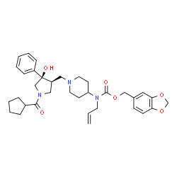ChemSpider 2D Image | 1,3-Benzodioxol-5-ylmethyl allyl(1-{[(3S,4R)-1-(cyclopentylcarbonyl)-4-hydroxy-4-phenyl-3-pyrrolidinyl]methyl}-4-piperidinyl)carbamate | C34H43N3O6