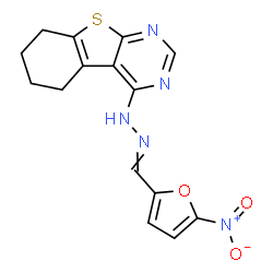ChemSpider 2D Image | 4-{2-[(5-Nitro-2-furyl)methylene]hydrazino}-5,6,7,8-tetrahydro[1]benzothieno[2,3-d]pyrimidine | C15H13N5O3S