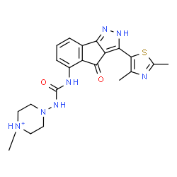ChemSpider 2D Image | 4-({[3-(2,4-Dimethyl-1,3-thiazol-5-yl)-4-oxo-2,4-dihydroindeno[1,2-c]pyrazol-5-yl]carbamoyl}amino)-1-methylpiperazin-1-ium | C21H24N7O2S