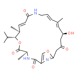 ChemSpider 2D Image | (4S,7R,8S,9E,14E,16E,18S)-18-Hydroxy-7-isopropyl-4,8,16-trimethyl-6,23-dioxa-3,12,25-triazabicyclo[20.2.1]pentacosa-1(24),9,14,16,22(25)-pentaene-2,5,11,20-tetrone | C26H35N3O7