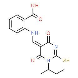 ChemSpider 2D Image | 2-{[(E)-(1-sec-Butyl-4,6-dioxo-2-thioxotetrahydro-5(2H)-pyrimidinylidene)methyl]amino}benzoic acid | C16H17N3O4S