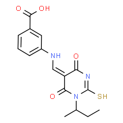 ChemSpider 2D Image | 3-{[(E)-(1-sec-Butyl-4,6-dioxo-2-thioxotetrahydro-5(2H)-pyrimidinylidene)methyl]amino}benzoic acid | C16H17N3O4S