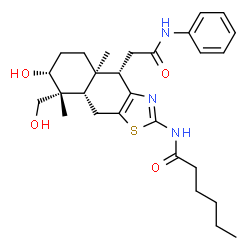 ChemSpider 2D Image | N-[(4S,4aR,7R,8R,8aS)-4-(2-Anilino-2-oxoethyl)-7-hydroxy-8-(hydroxymethyl)-4a,8-dimethyl-4,4a,5,6,7,8,8a,9-octahydronaphtho[2,3-d][1,3]thiazol-2-yl]hexanamide | C28H39N3O4S