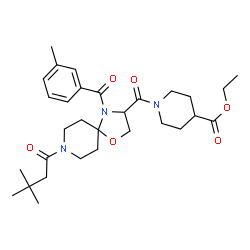ChemSpider 2D Image | Ethyl 1-{[8-(3,3-dimethylbutanoyl)-4-(3-methylbenzoyl)-1-oxa-4,8-diazaspiro[4.5]dec-3-yl]carbonyl}-4-piperidinecarboxylate | C30H43N3O6