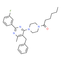 ChemSpider 2D Image | 1-{4-[5-Benzyl-2-(3-fluorophenyl)-6-methyl-4-pyrimidinyl]-1-piperazinyl}-1-hexanone | C28H33FN4O
