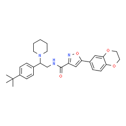 ChemSpider 2D Image | 5-(2,3-Dihydro-1,4-benzodioxin-6-yl)-N-{2-[4-(2-methyl-2-propanyl)phenyl]-2-(1-piperidinyl)ethyl}-1,2-oxazole-3-carboxamide | C29H35N3O4