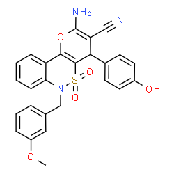 ChemSpider 2D Image | 2-Amino-4-(4-hydroxyphenyl)-6-(3-methoxybenzyl)-4,6-dihydropyrano[3,2-c][2,1]benzothiazine-3-carbonitrile 5,5-dioxide | C26H21N3O5S