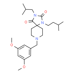 ChemSpider 2D Image | 8-(3,5-Dimethoxybenzyl)-3-isobutyl-1-(3-methylbutyl)-1,3,8-triazaspiro[4.5]decane-2,4-dione | C25H39N3O4