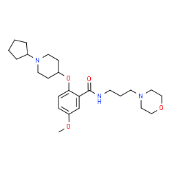 ChemSpider 2D Image | 2-[(1-Cyclopentyl-4-piperidinyl)oxy]-5-methoxy-N-[3-(4-morpholinyl)propyl]benzamide | C25H39N3O4