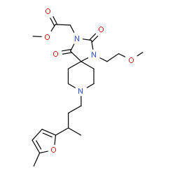 ChemSpider 2D Image | Methyl {1-(2-methoxyethyl)-8-[3-(5-methyl-2-furyl)butyl]-2,4-dioxo-1,3,8-triazaspiro[4.5]dec-3-yl}acetate | C22H33N3O6