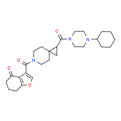 ChemSpider 2D Image | 3-({1-[(4-Cyclohexyl-1-piperazinyl)carbonyl]-6-azaspiro[2.5]oct-6-yl}carbonyl)-6,7-dihydro-1-benzofuran-4(5H)-one | C27H37N3O4