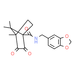 ChemSpider 2D Image | N-(1,3-Benzodioxol-5-ylmethyl)-4,7,7-trimethyl-2,3-dioxobicyclo[2.2.1]heptane-1-carboxamide | C19H21NO5