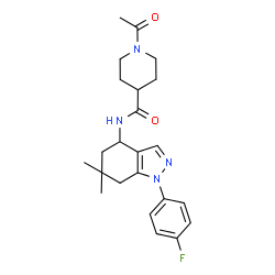 ChemSpider 2D Image | 1-Acetyl-N-[1-(4-fluorophenyl)-6,6-dimethyl-4,5,6,7-tetrahydro-1H-indazol-4-yl]-4-piperidinecarboxamide | C23H29FN4O2