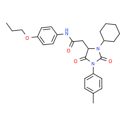ChemSpider 2D Image | 2-[3-Cyclohexyl-1-(4-methylphenyl)-2,5-dioxo-4-imidazolidinyl]-N-(4-propoxyphenyl)acetamide | C27H33N3O4