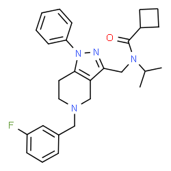 ChemSpider 2D Image | N-{[5-(3-Fluorobenzyl)-1-phenyl-4,5,6,7-tetrahydro-1H-pyrazolo[4,3-c]pyridin-3-yl]methyl}-N-isopropylcyclobutanecarboxamide | C28H33FN4O