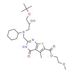 ChemSpider 2D Image | 2-Methoxyethyl 2-[(cyclohexyl{2-hydroxy-3-[(2-methyl-2-propanyl)oxy]propyl}amino)methyl]-5-methyl-4-oxo-1,4-dihydrothieno[2,3-d]pyrimidine-6-carboxylate | C25H39N3O6S